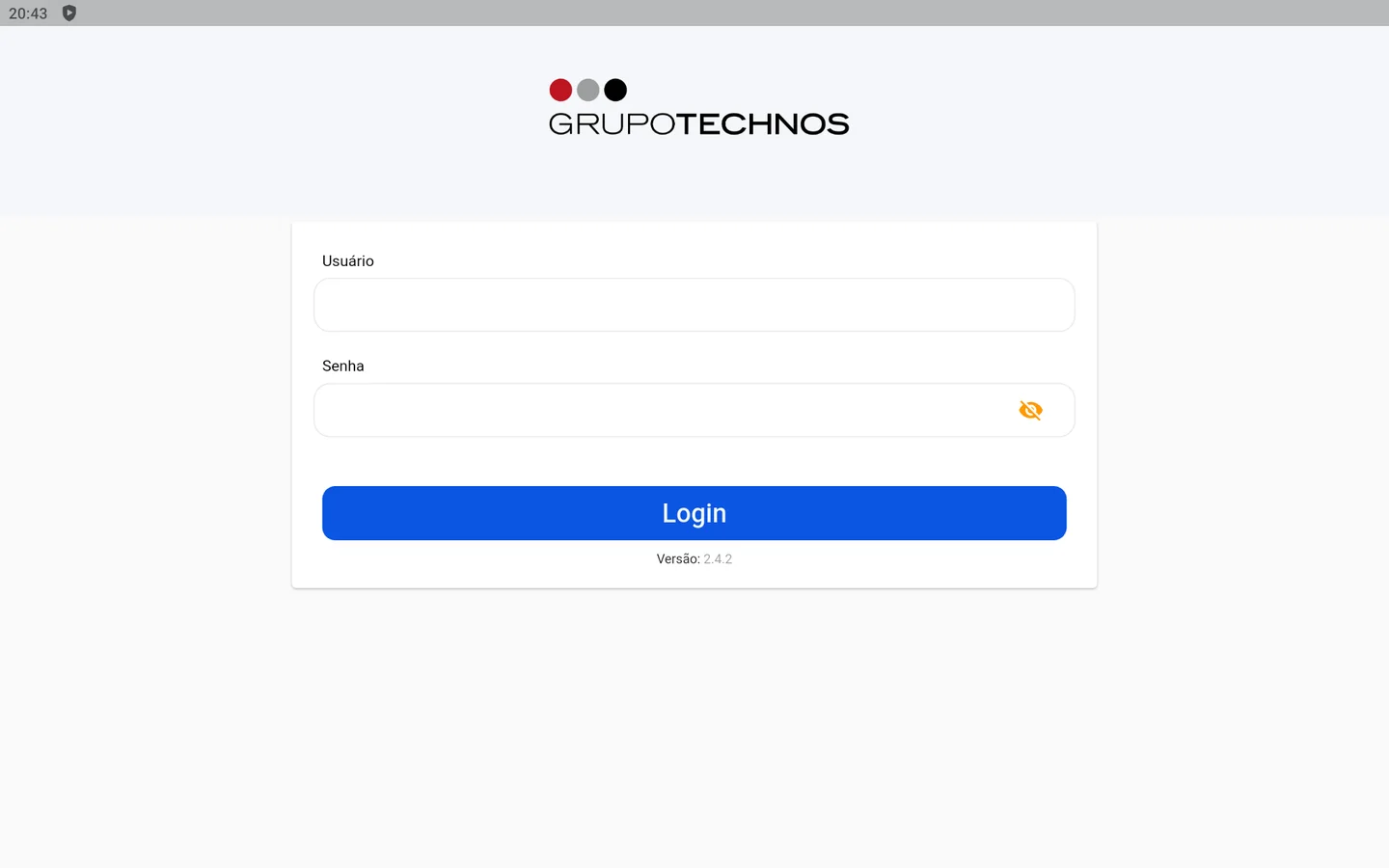 Tela de acesso do App Fábrica em Android, com usuário e senha vazios.