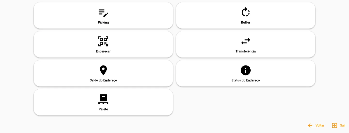 Menu WMS do App Fábrica com picking, endereçamento, transferência e consultas de estoque.