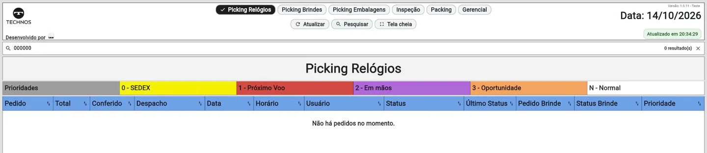 Painel Ranking com etapas da expedição e consulta filtrada sem pedidos exibidos.